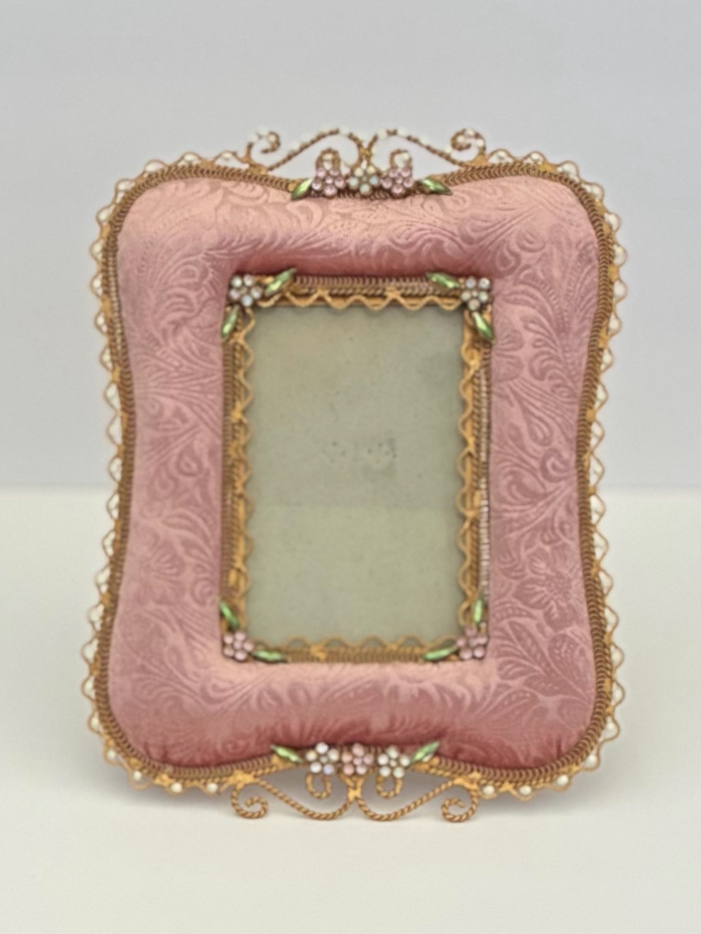 Vntg Pink Pattern Fabric Picture Frame Gold-Tone Metal Border Rhinestone Floral